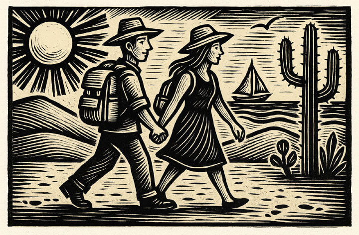 Casal viajando pelo Nordeste (Xilogravura)